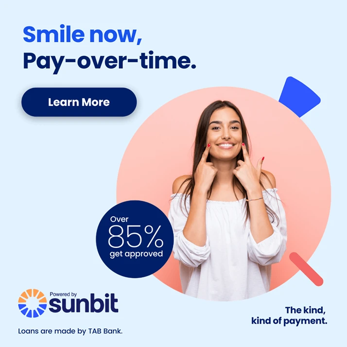 A banner graphic for Sunbit dental financing: Smile Now, pay over time