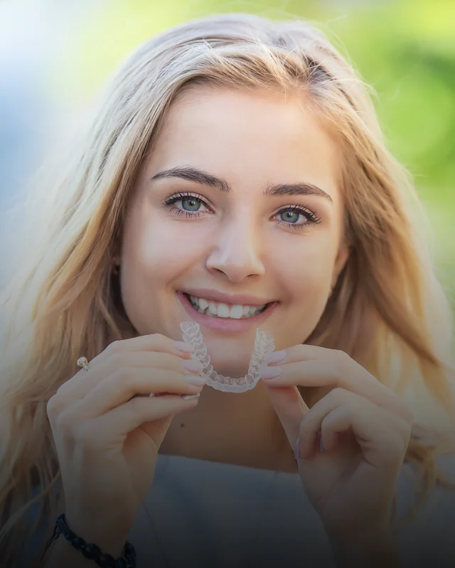 A young woman smiling and holding up her invisalign clear aligners