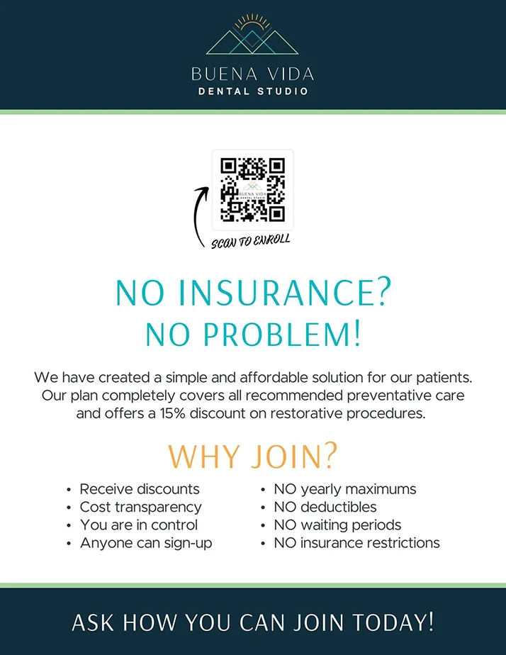 A QR code to sign up for the Buena Vida Dental Studio membership program