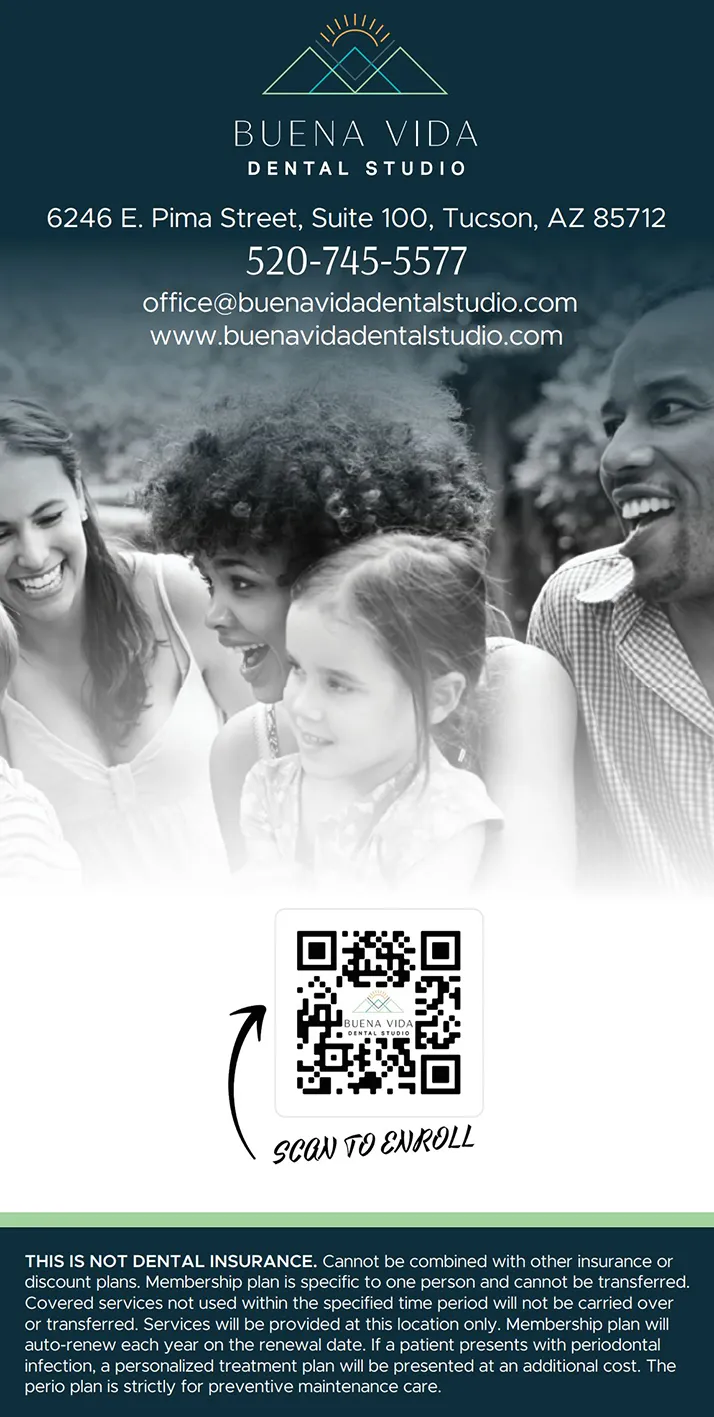 A graphic showing a smiling, healthy family and contact information for Buena Vida Dental Studio